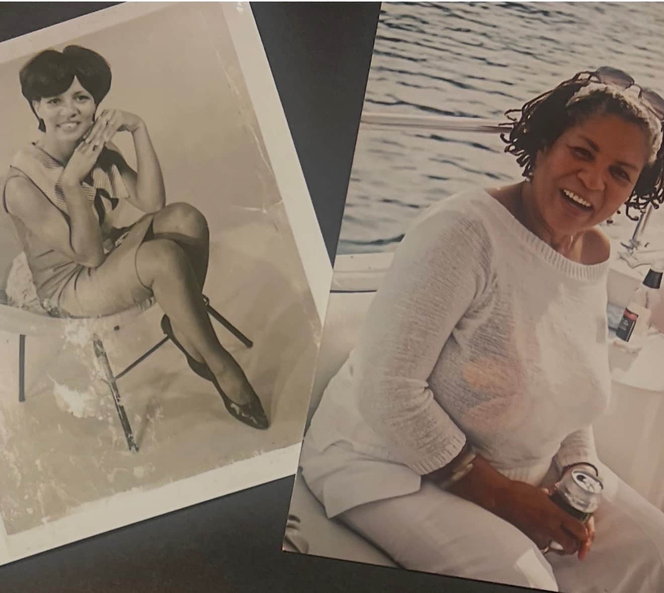 Two photos of Karen: a studio portrait from her youth, legs crossed and smiling, and years later in white, laughing on a boat